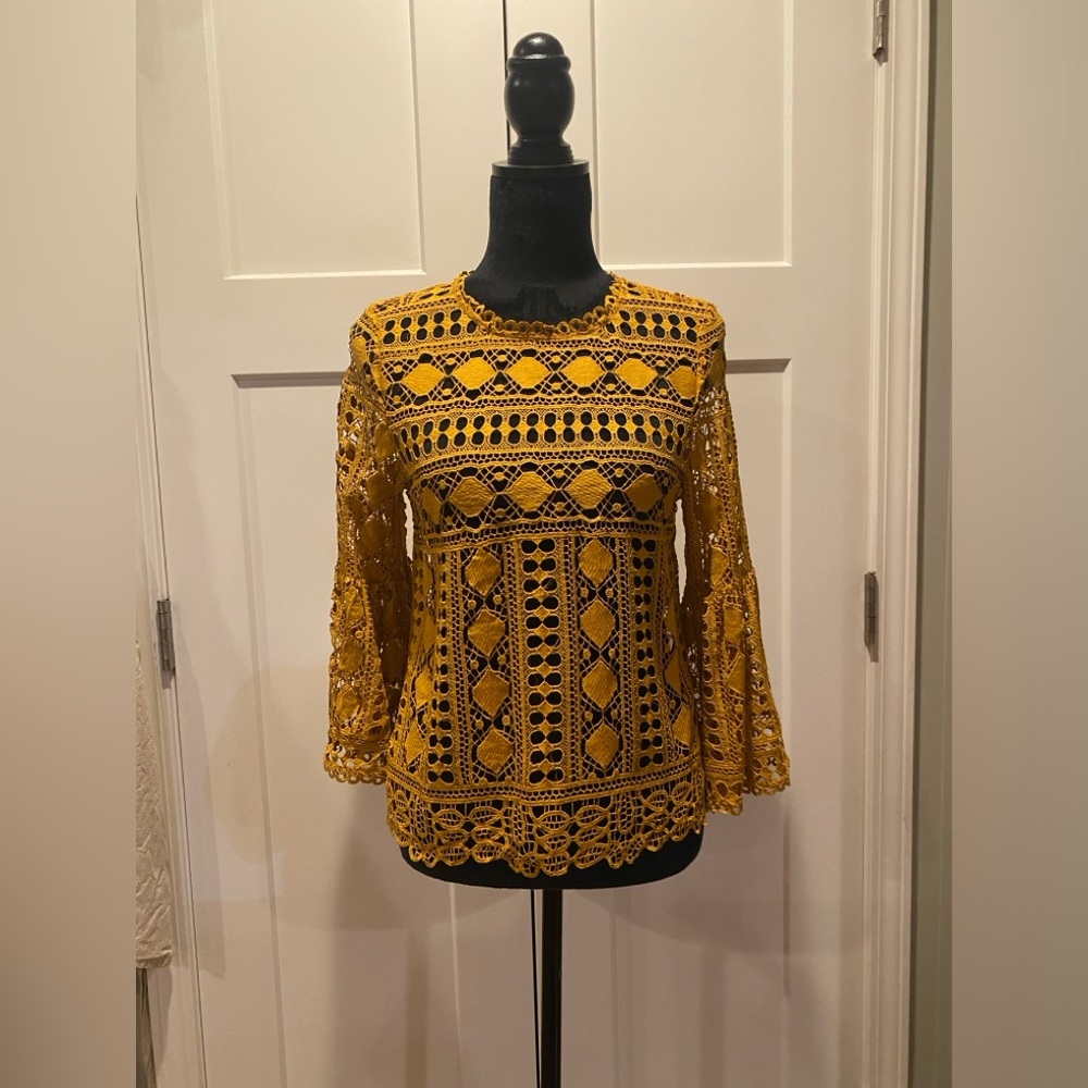 Mustard yellow knit lace blouse